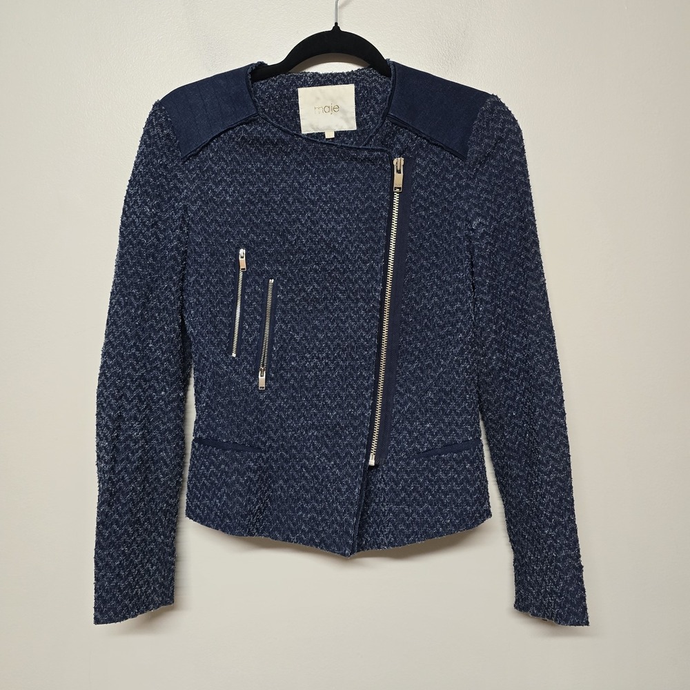 Maje Womens Blue Full‎ Zip Tweed Cotton Knit Jacket Blazer Size 1/S Elbow Patch